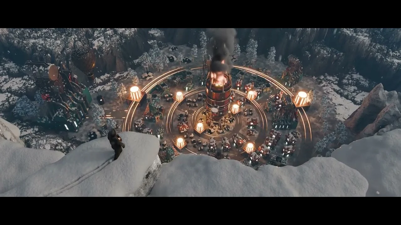 A vast icy city illuminated by a glowing central furnace — Chasm’s Call